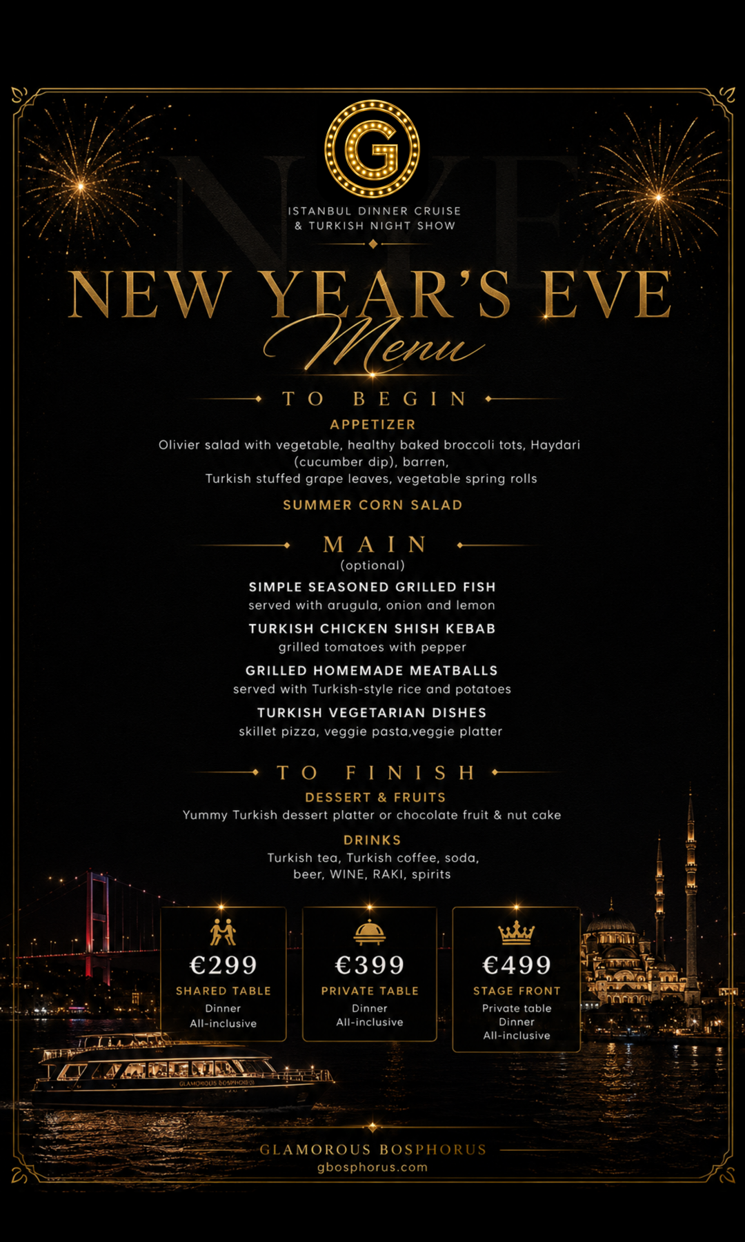 New Year's Eve dinner, drinks and package brochure
